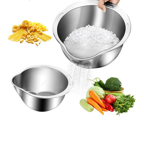 Stainless Steel Rice Washing Bowl Strainer Colander Kitchen Sieve
