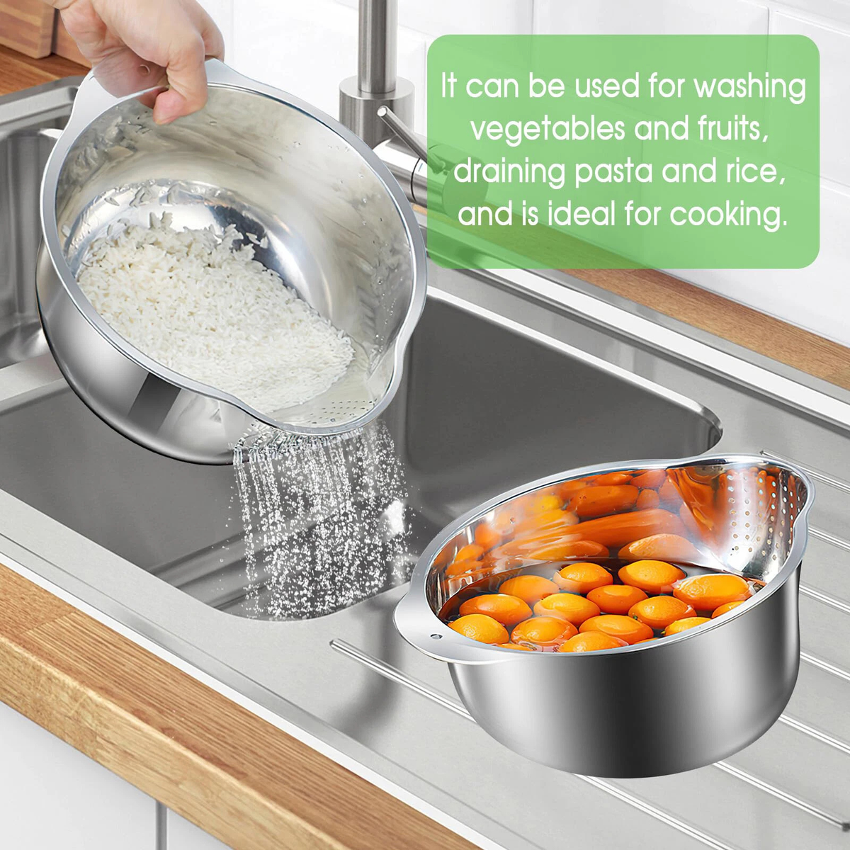 Stainless Steel Rice Washing Bowl Strainer Colander Kitchen Sieve