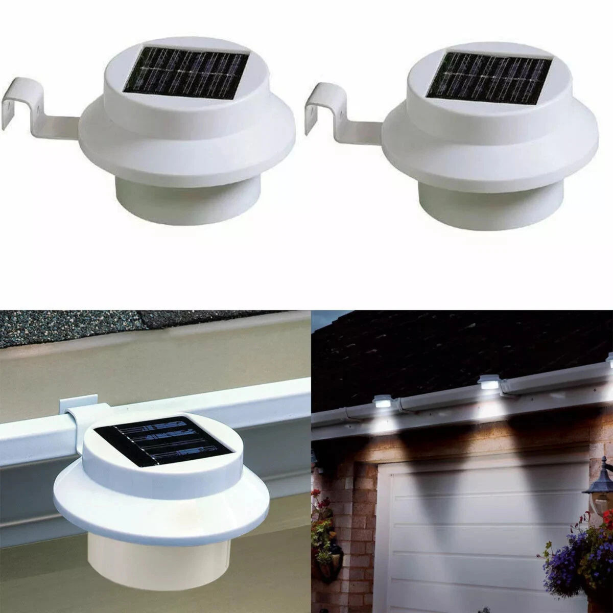 4x White Solar Powered 3 LED Gutter Wall Fence Outdoor Security Lights