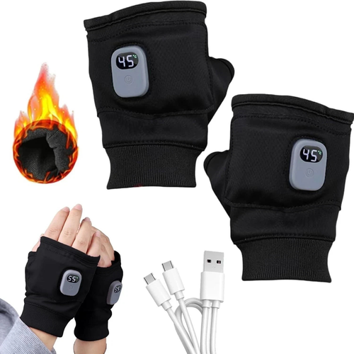 Black Rechargeable Electric Heated Fingerless Gloves Waterproof Warmers