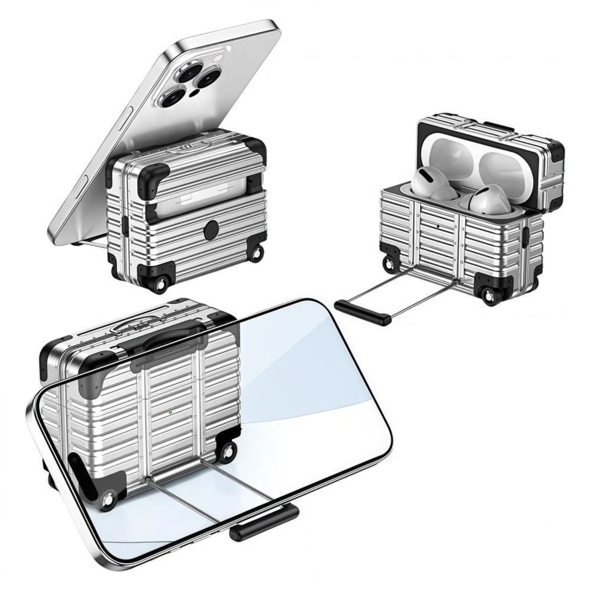 Silver AirPods 4 Protective Headphone Case Travel Luggage Style Cover