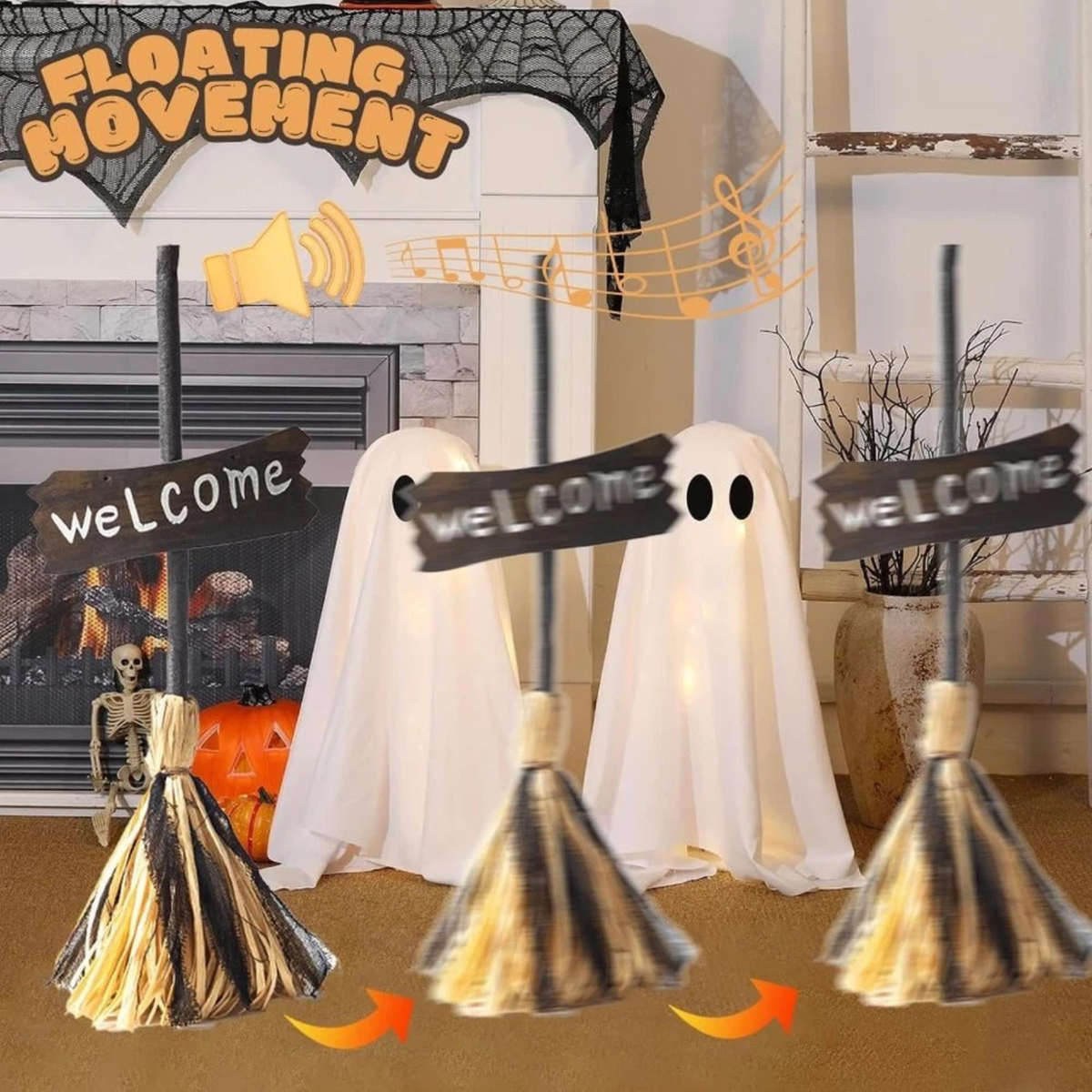 Electric Dancing Witch Broom Animated Halloween Haunted Decoration 66cm