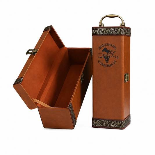 Wine Gift Box with 4 Accessories PU Leather Single Bottle Carry Case Brown