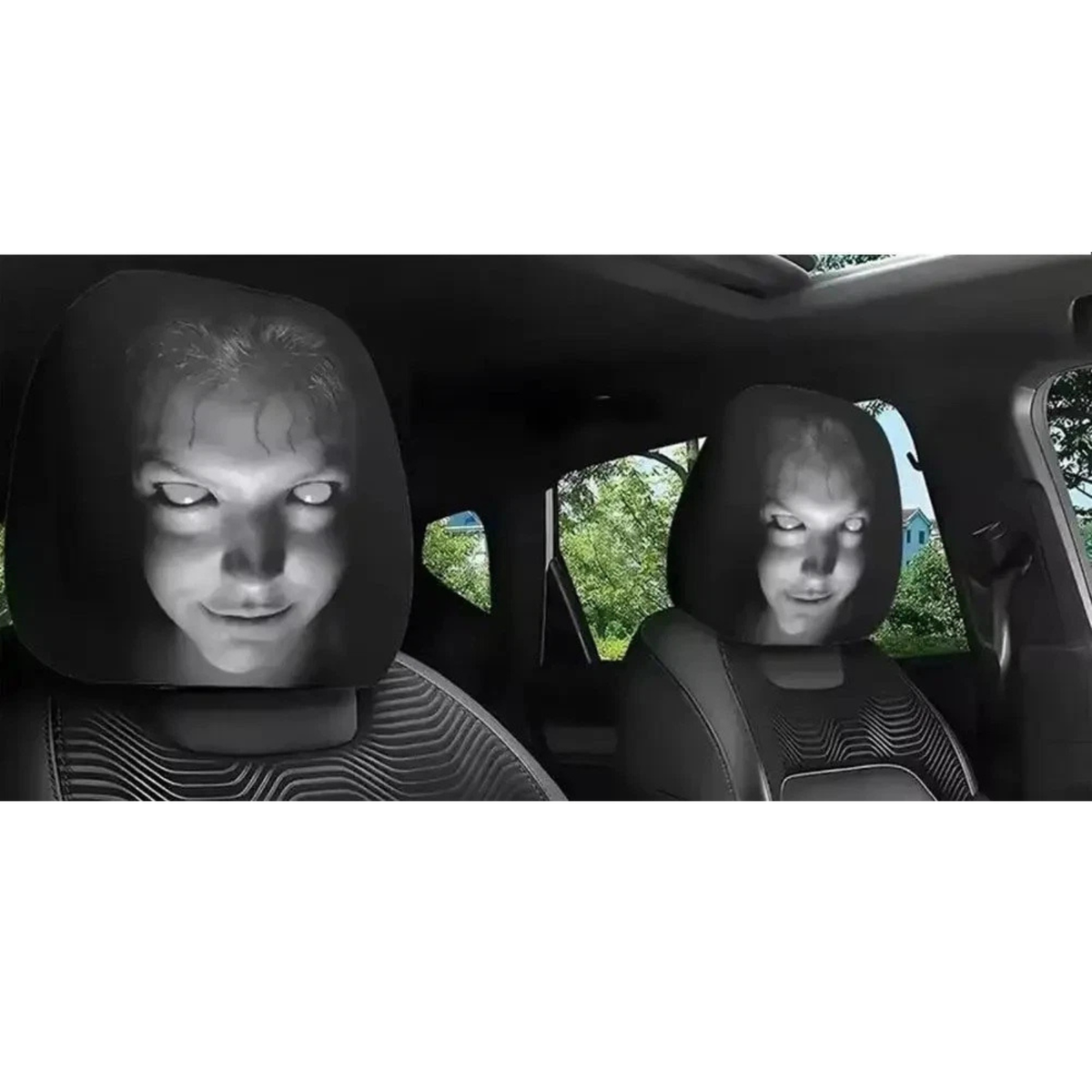 2x Ghost Face Car Headrest Covers Halloween Seat Protectors Interior Decor