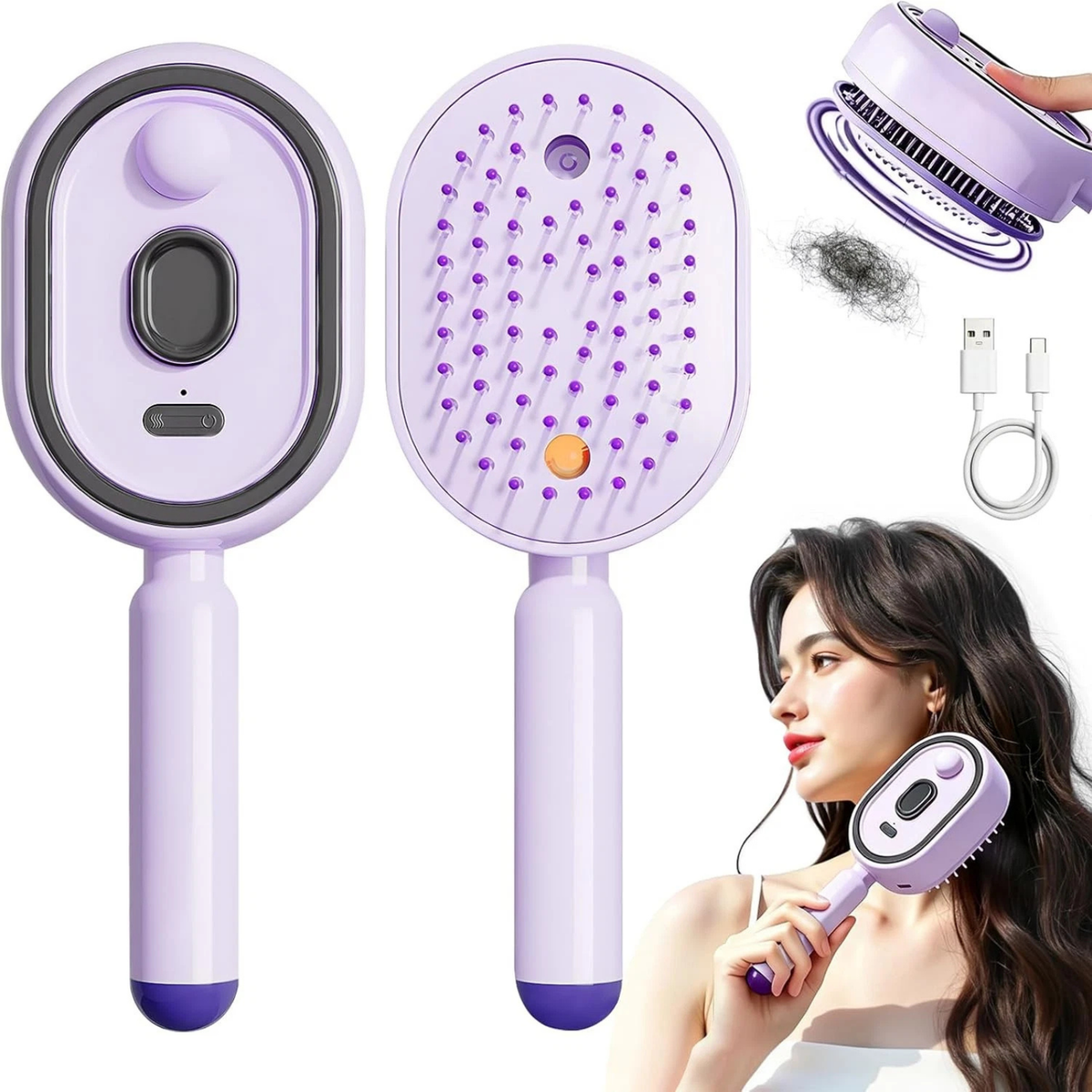 Purple Electric Spray Hair Comb Rechargeable Massage Brush Styling Tool Set