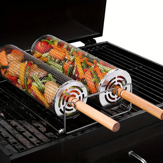2x Rolling BBQ Basket Stainless Steel Rotisserie Grill Cage Cooking Rack