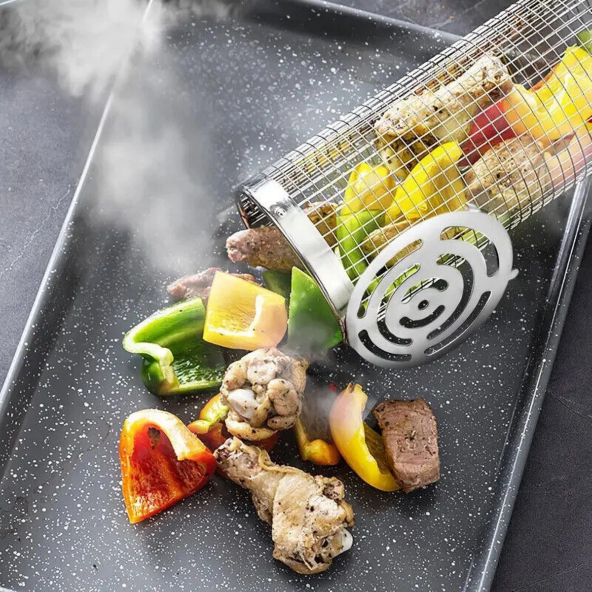 2x Rolling BBQ Basket Stainless Steel Rotisserie Grill Cage Cooking Rack