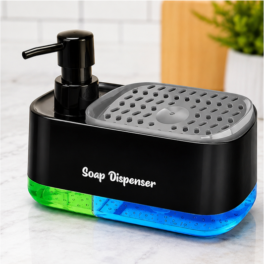 1x Black 3 In 1 Soap Pump Dispenser Sponge Holder Dishwashing Liquid