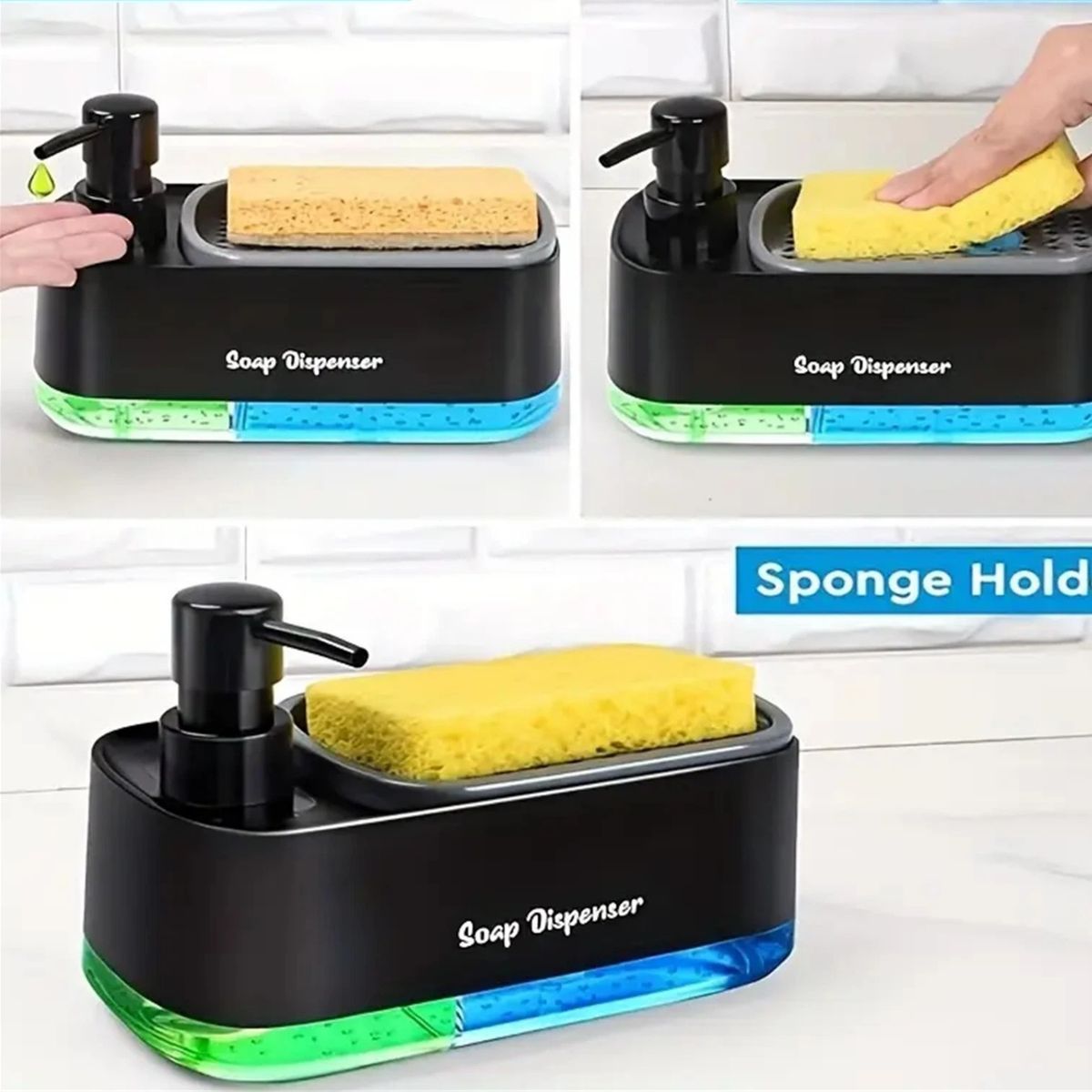 1x Black 3 In 1 Soap Pump Dispenser Sponge Holder Dishwashing Liquid