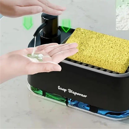 1x Black 3 In 1 Soap Pump Dispenser Sponge Holder Dishwashing Liquid