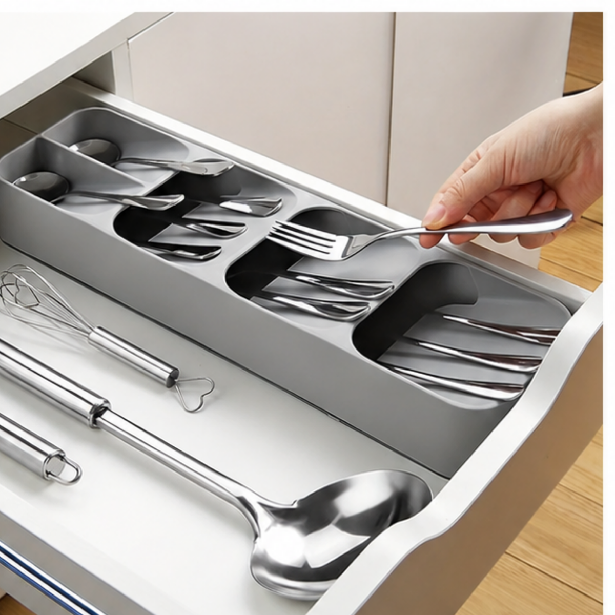 Grey Cutlery Organiser Kitchen Drawer Spoon Tray Insert Utensil Holder 1x
