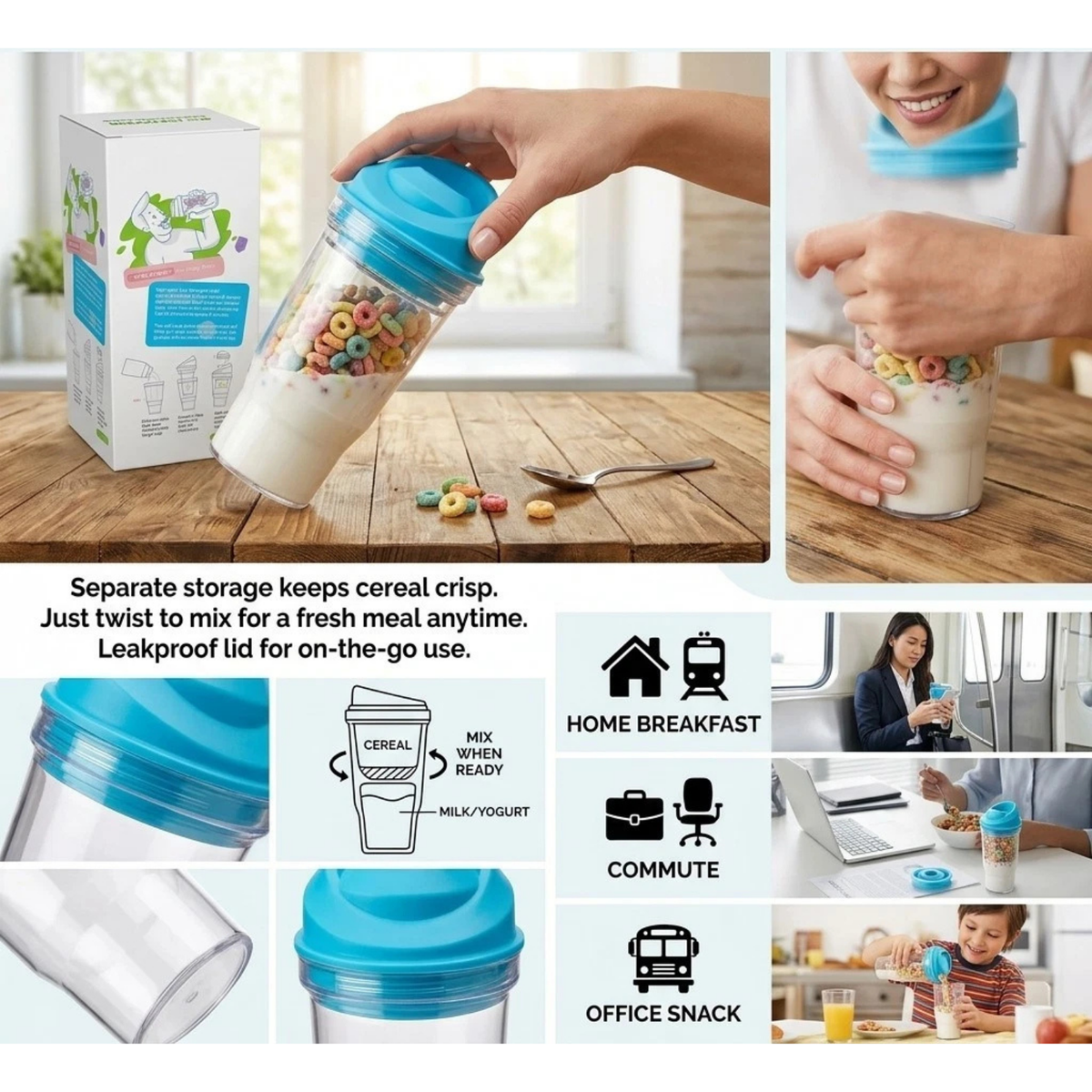 Crunch Cup Cereal Tumbler Portable Leakproof Breakfast Travel Cup Blue