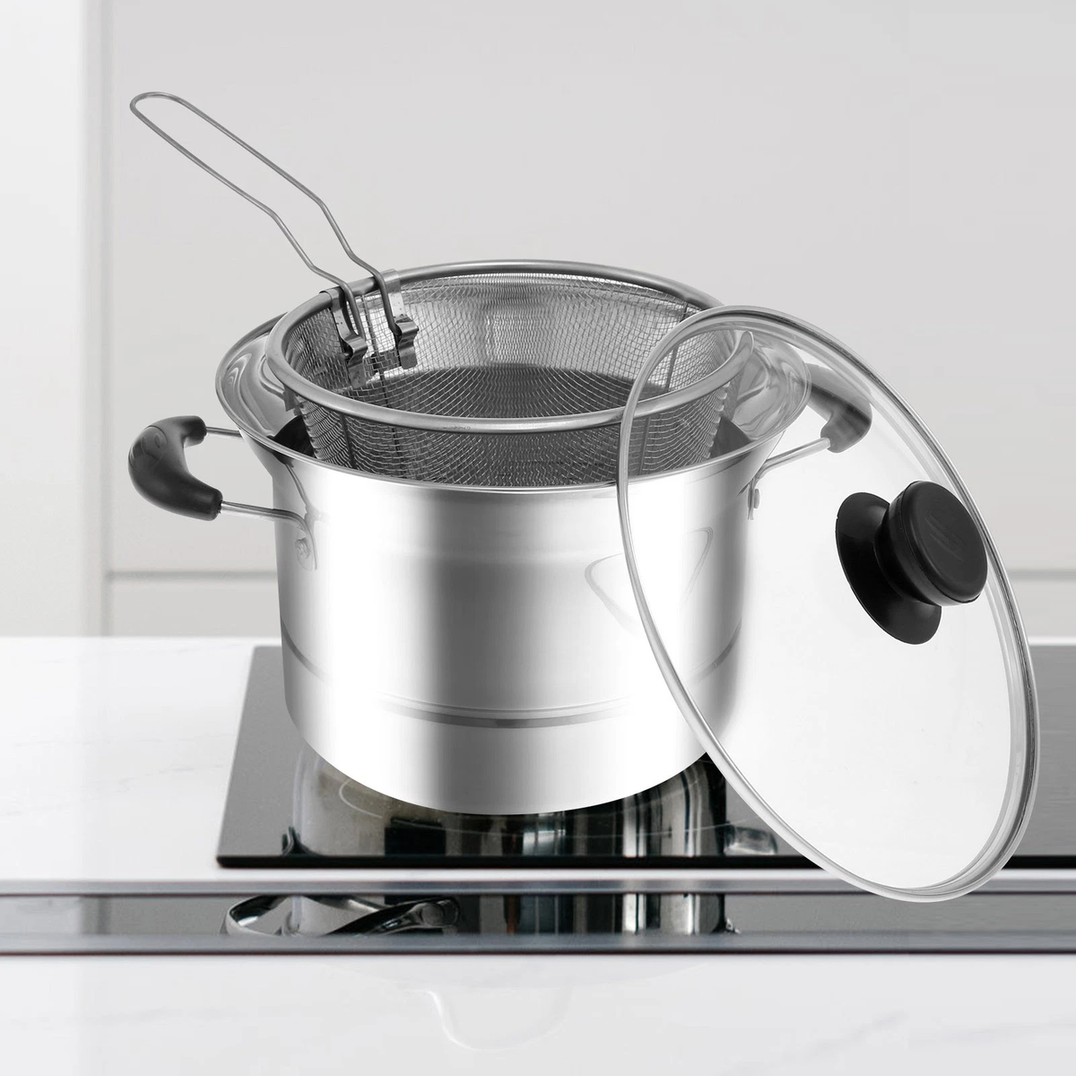 Stainless Steel Deep Fryer Pot Strainer Basket Lid Kitchen Cooking Pot