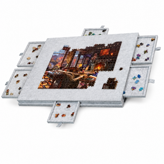 1000PC Jigsaw Puzzle Board Felt Table 6 Drawers Portable Storage Light Grey