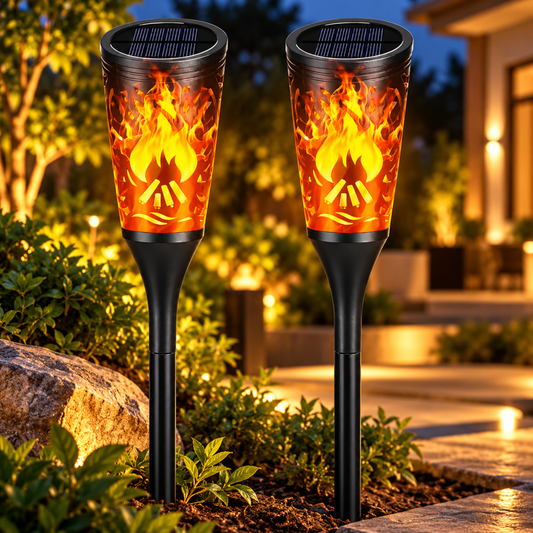 2x Outdoor Solar Flame Torch Lights Flickering Pathway Garden Decor Set
