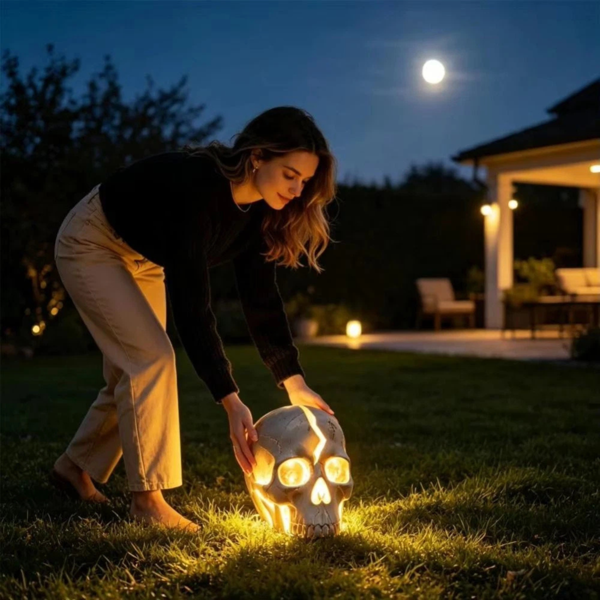 Silver Grey Waterproof Cracked Skull Solar Garden Lamp Halloween Yard Decor