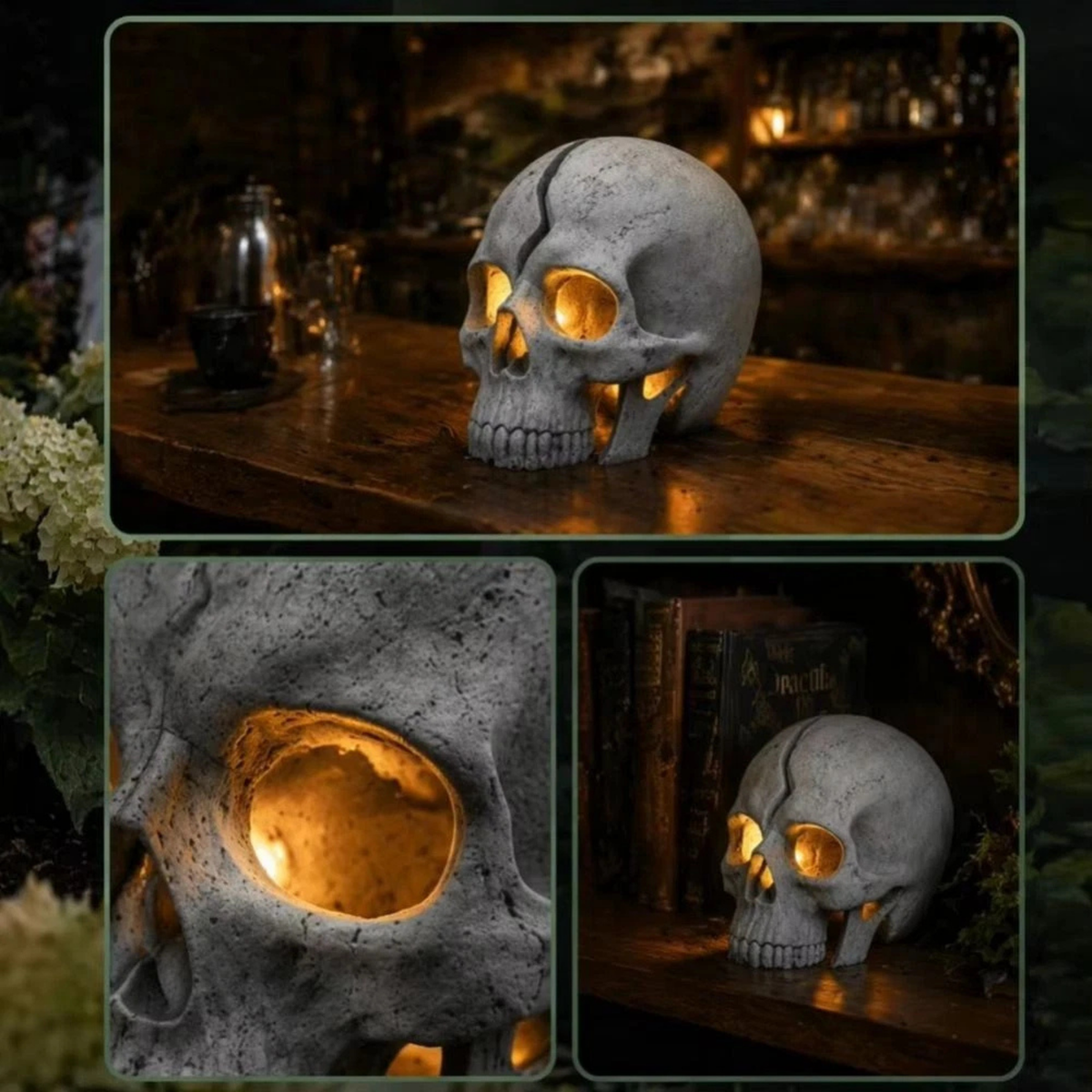 Silver Grey Waterproof Cracked Skull Solar Garden Lamp Halloween Yard Decor