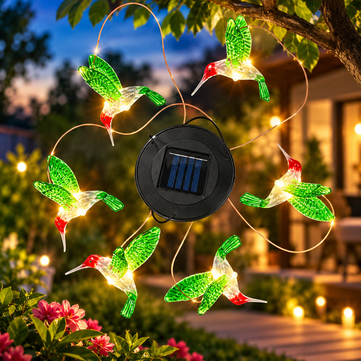 Hummingbird Solar Wind Chimes LED Hanging Garden Decor Outdoor Light Set Yard