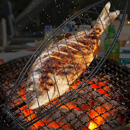 BBQ Fish Grill Basket 14x58CM Non Stick Wooden Handle Cooking Tool Grilling