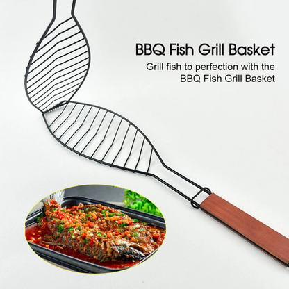 BBQ Fish Grill Basket 14x58CM Non Stick Wooden Handle Cooking Tool Grilling