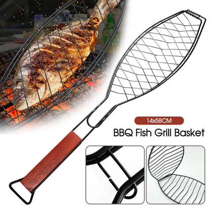 BBQ Fish Grill Basket 14x58CM Non Stick Wooden Handle Cooking Tool Grilling