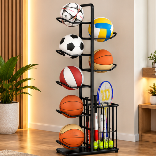 146cm Black Basketball Storage Rack Football Ball Organizer With Basket Set