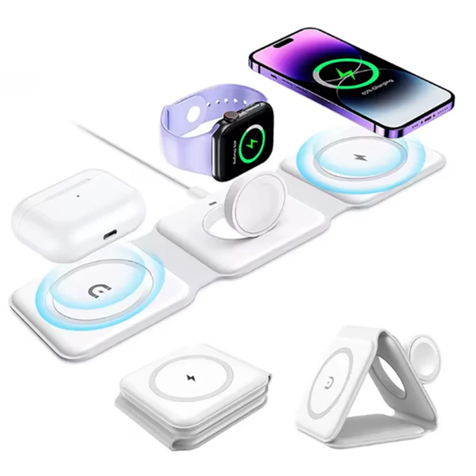 White 3 in 1 Foldable Magnetic Wireless Charger Travel Charging Pad Station