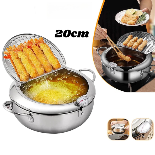 20cm Japanese Deep Frying Pan Pot Stainless Steel with Thermometer Silver