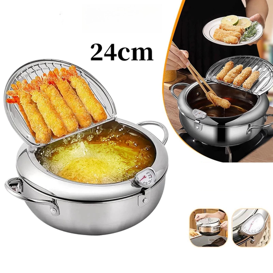 24cm Japanese Deep Frying Pan Pot Stainless Steel with Thermometer Silver
