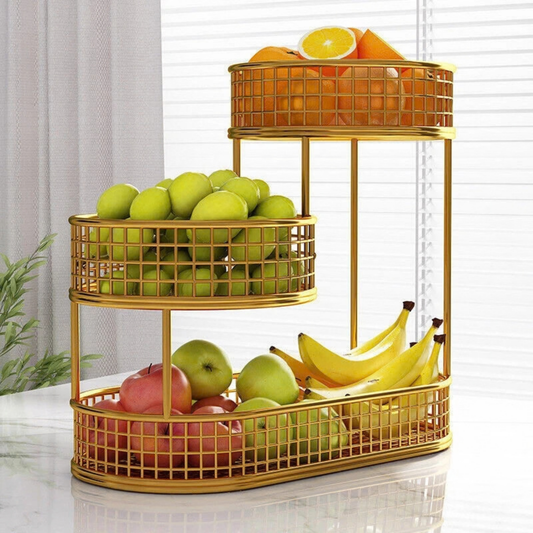 3 Tier Fruit Basket Gold Metal Storage Rack Kitchen Countertop