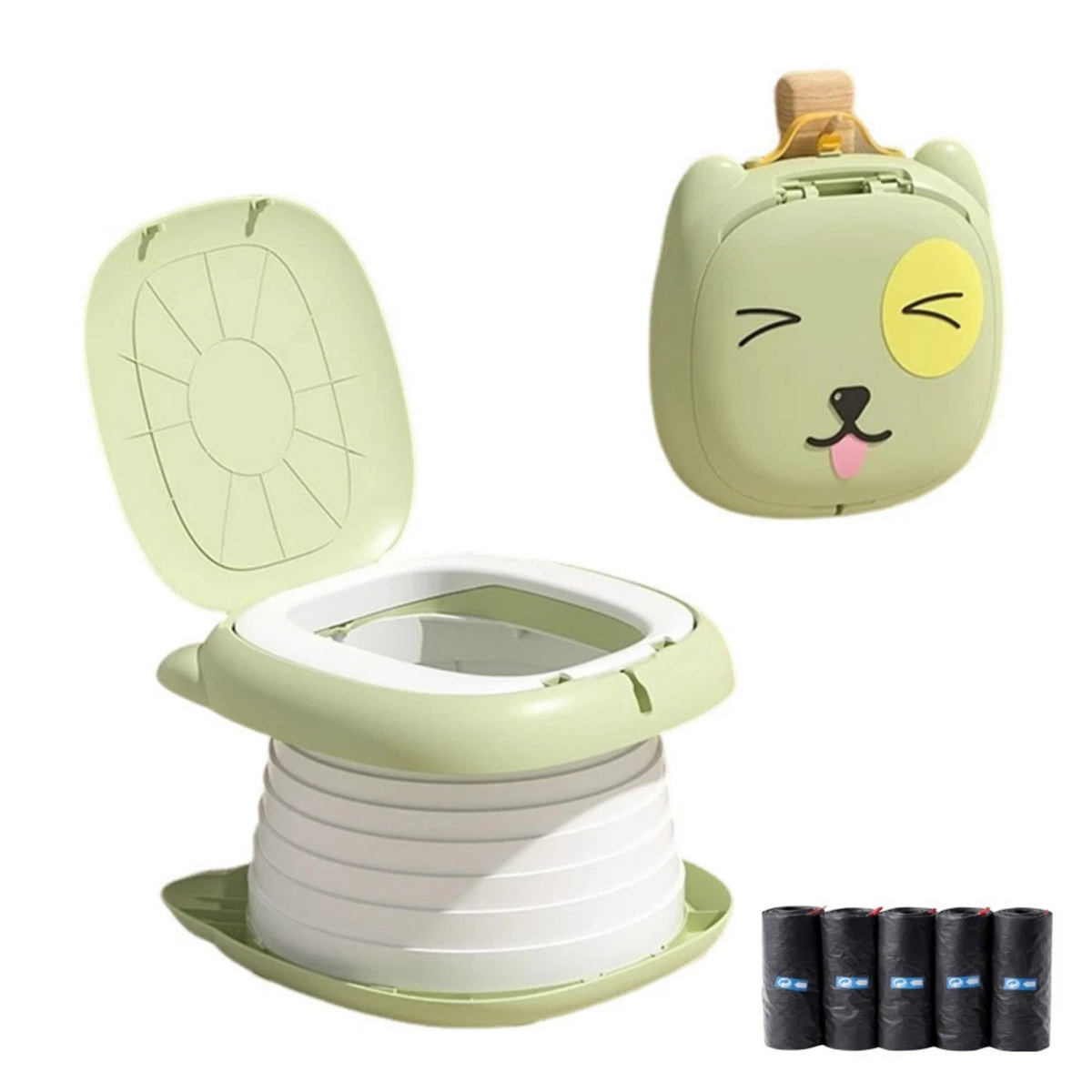Portable Folding Potty Seat Toddler Green Toilet with 75 Disposable Bags Kit
