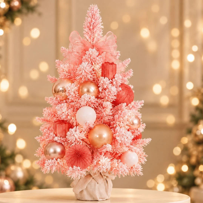 18 Inch Pink Pre Decorated Tabletop Christmas Tree 45.7cm Flocked Holiday Decor