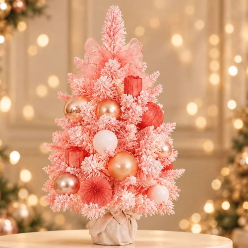 18 Inch Pink Pre Decorated Tabletop Christmas Tree 45.7cm Flocked Holiday Decor