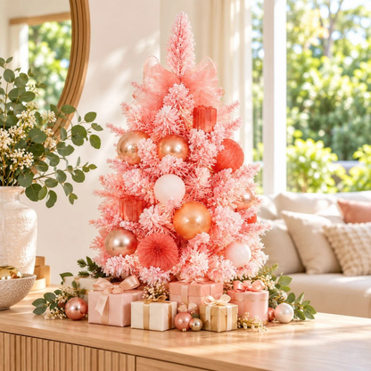 18 Inch Pink Pre Decorated Tabletop Christmas Tree 45.7cm Flocked Holiday Decor