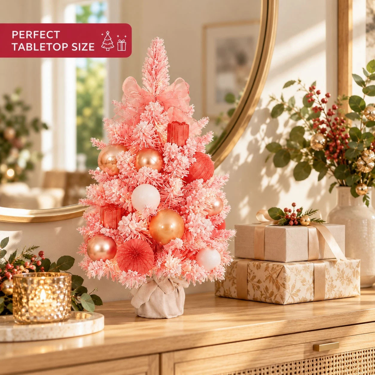 18 Inch Pink Pre Decorated Tabletop Christmas Tree 45.7cm Flocked Holiday Decor