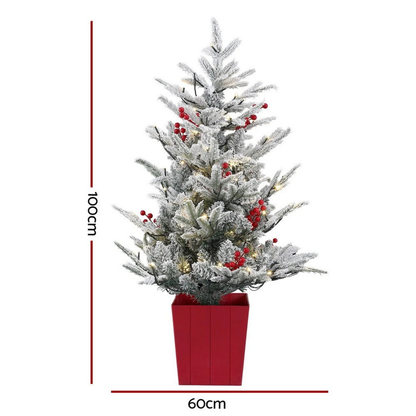 Jingle Jollys 1M Potted Christmas Tree Flocked 100 Warm White LED Lights
