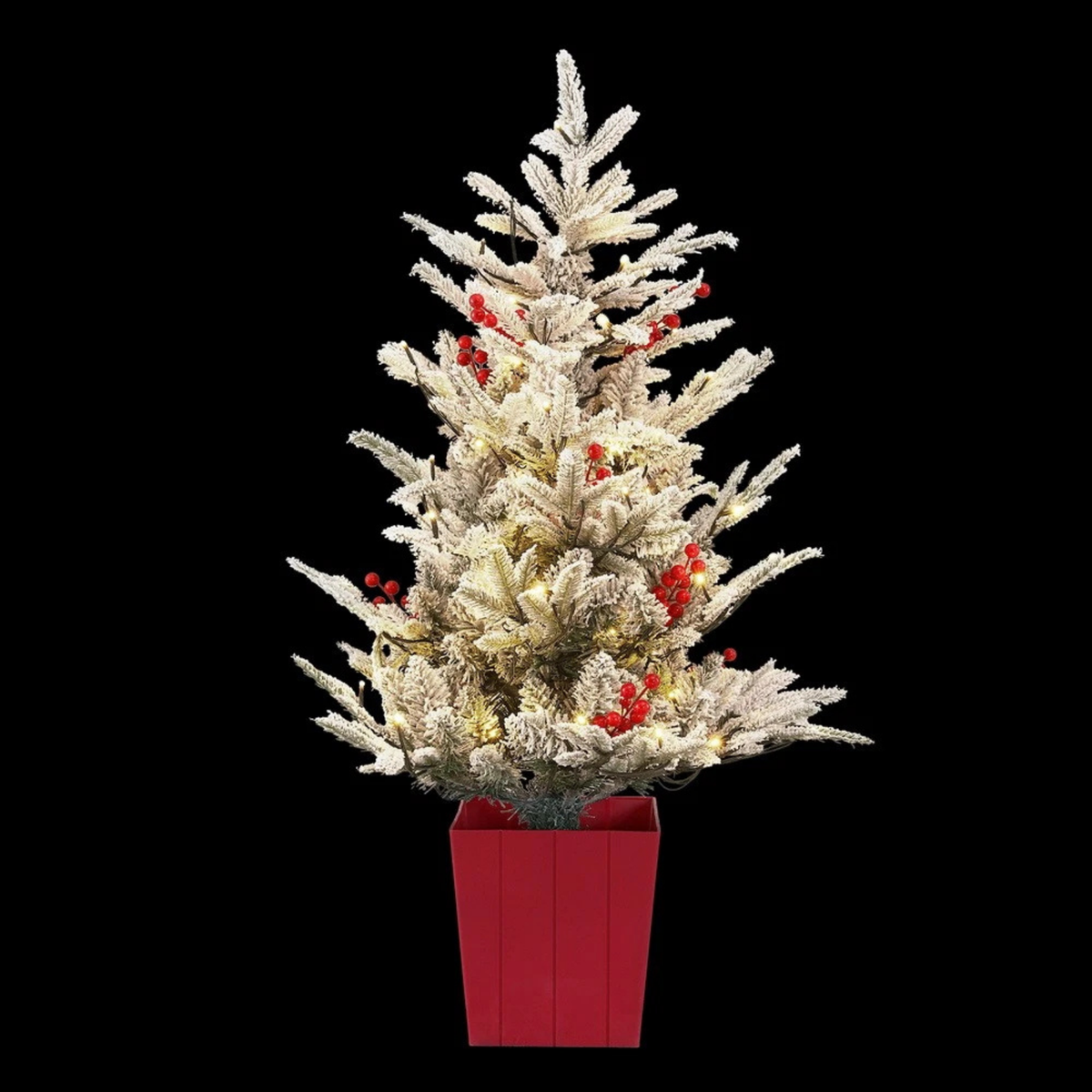 Jingle Jollys 1M Potted Christmas Tree Flocked 100 Warm White LED Lights