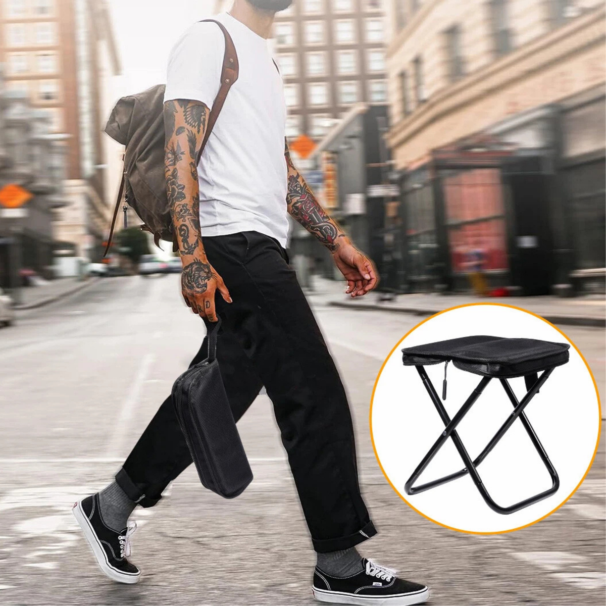 Black Portable Folding Camping Stool Lightweight Outdoor Chair Handbag Design