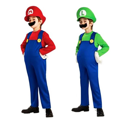 2x  Kids Super Mario Luigi Costume XL 8 to 12 Years L 5 to 7 Years Dress Up