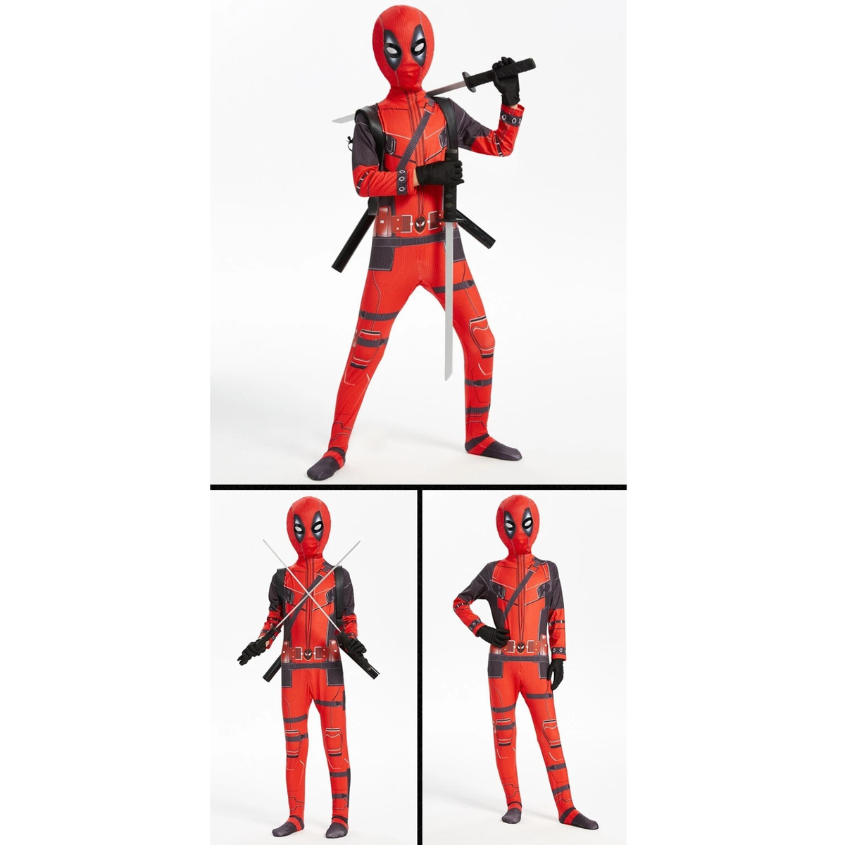 Kids Deadpool Superhero Costume Jumpsuit Accessories Suggested Height 126 to 135cm