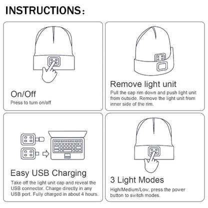 USB Rechargeable Winter Autumn Warm LED Light Knitted Beanie Hat Wireless