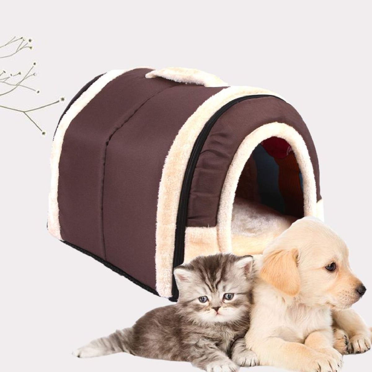 Pet Dog House Kennel Soft Puppy Cat Cave Beds Doggy Warm Cushion Brown L