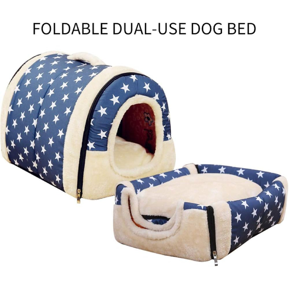 Pet Dog House Kennel Soft Puppy Cat Cave Beds Doggy Warm Cushion Blue Stars L