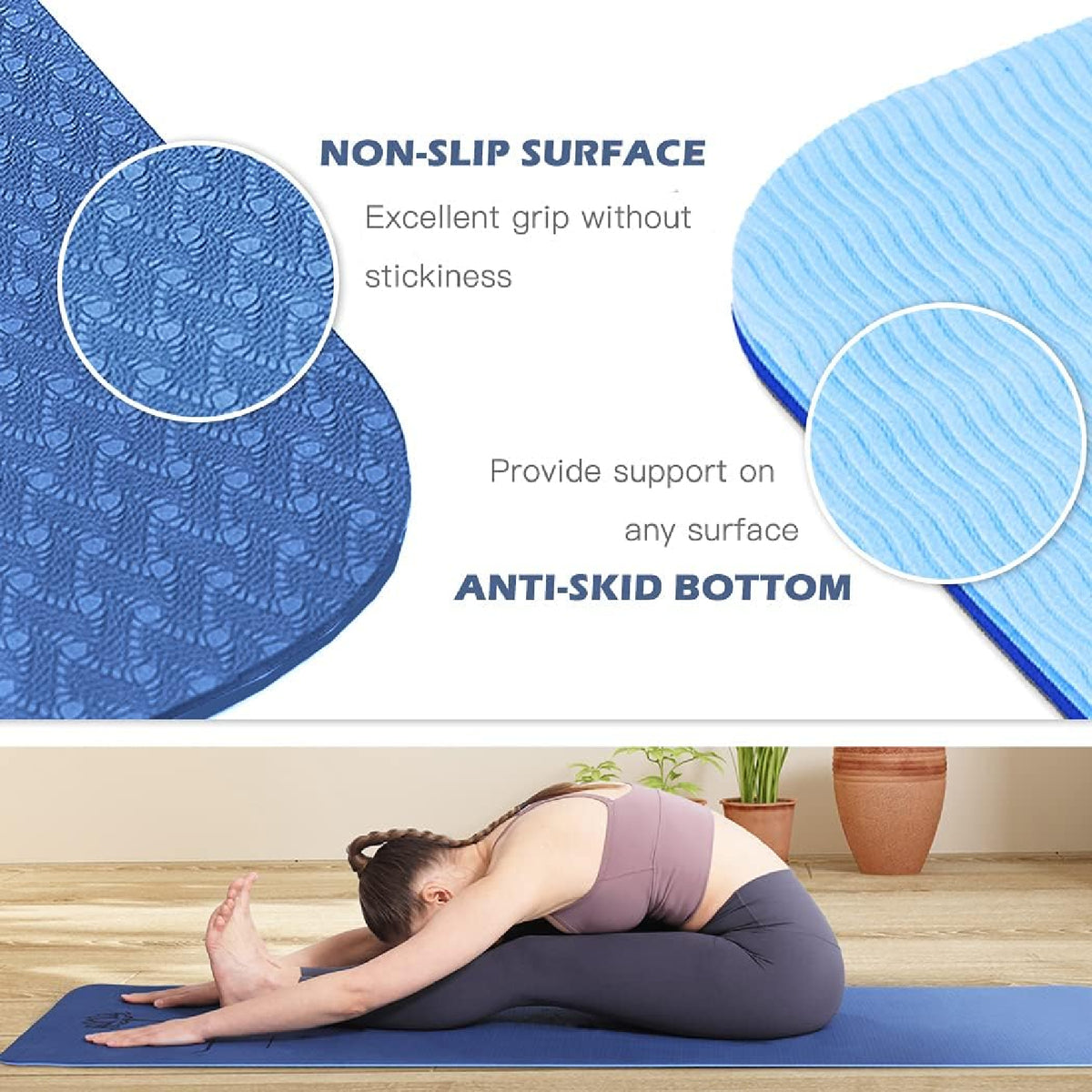 Yoga Mat Pad Exercise Fitness Pilates Non Slip Dual Layer Eco Friendly Mat Blue