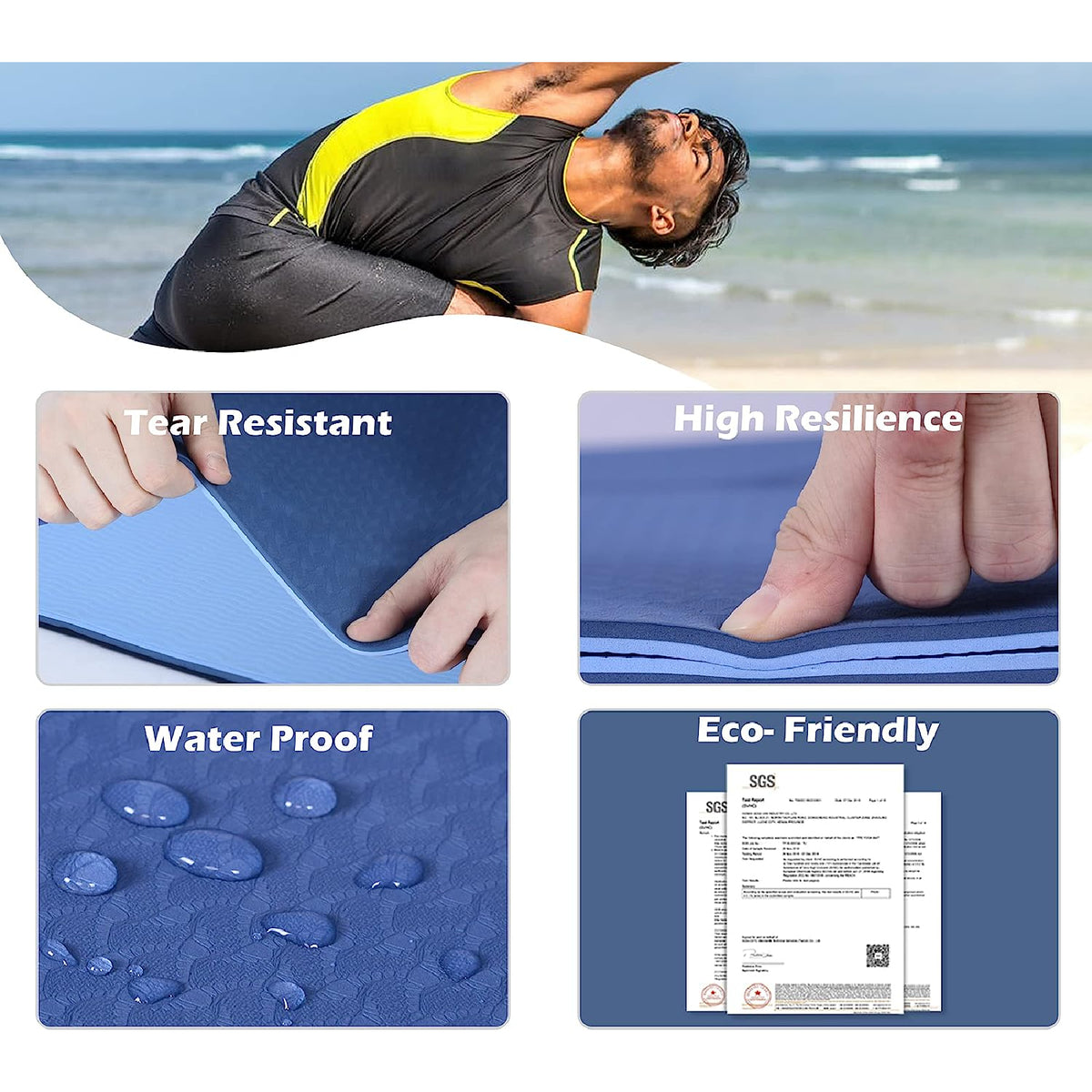 Yoga Mat Pad Exercise Fitness Pilates Non Slip Dual Layer Eco Friendly Mat Blue