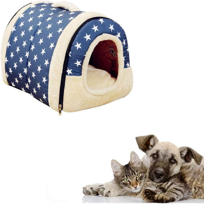 Pet Dog House Kennel Soft Puppy Cat Cave Beds Doggy Warm Cushion Blue Stars L
