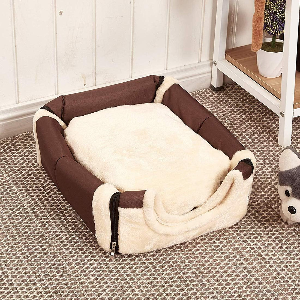 Pet Dog House Kennel Soft Puppy Cat Cave Beds Doggy Warm Cushion Brown L