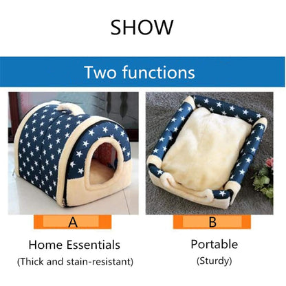 Pet Dog House Kennel Soft Puppy Cat Cave Beds Doggy Warm Cushion Blue Stars L