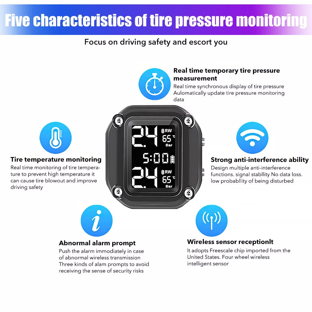 Tire Pressure Monitor System Wireless Motorcycle TPMS 2 External Sensors
