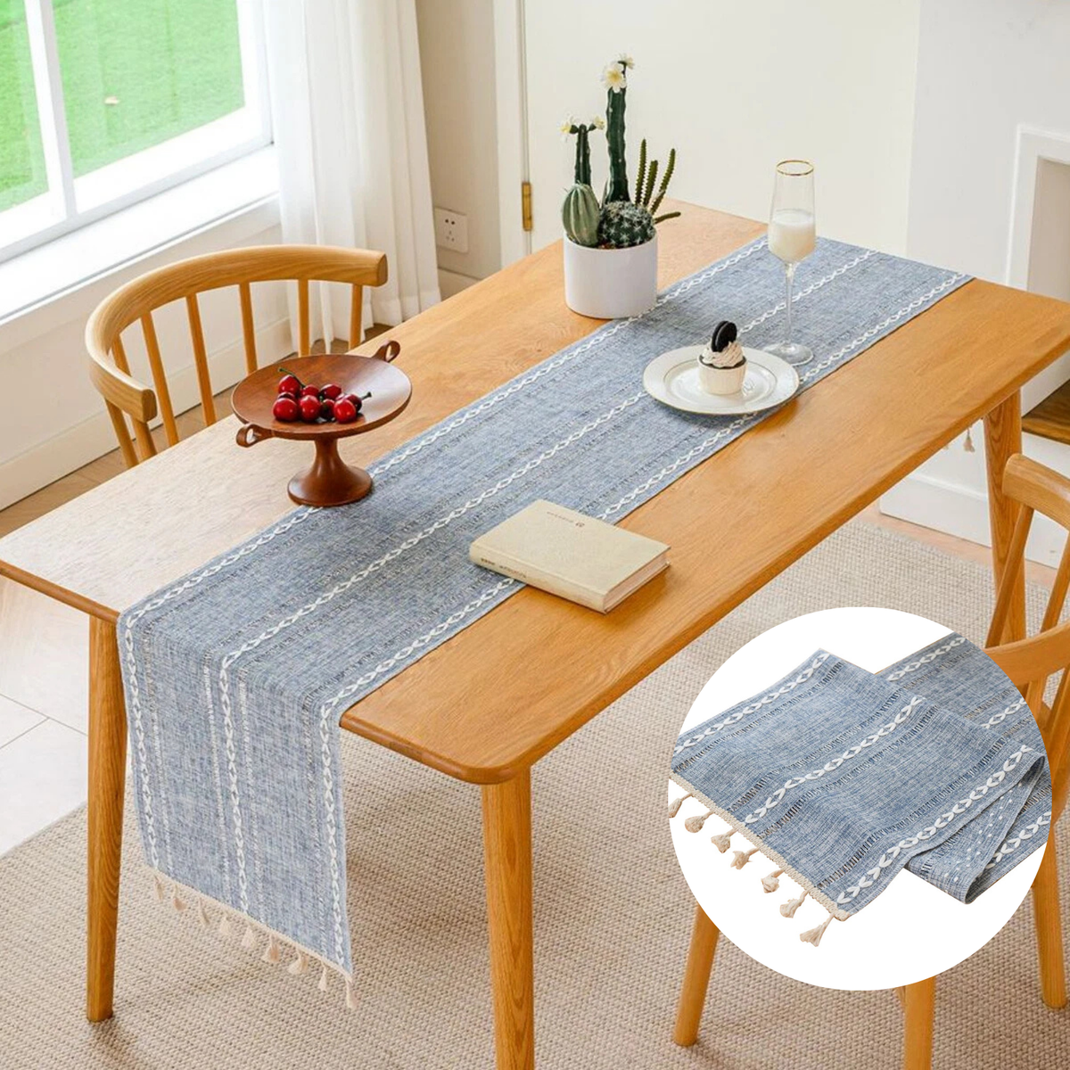 Blue Woven Fringe Table Runner Solid Colour Dining Table Decoration